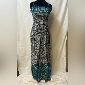 Vintage Leopard Print Maxi Dress with Teal Flower Accents
